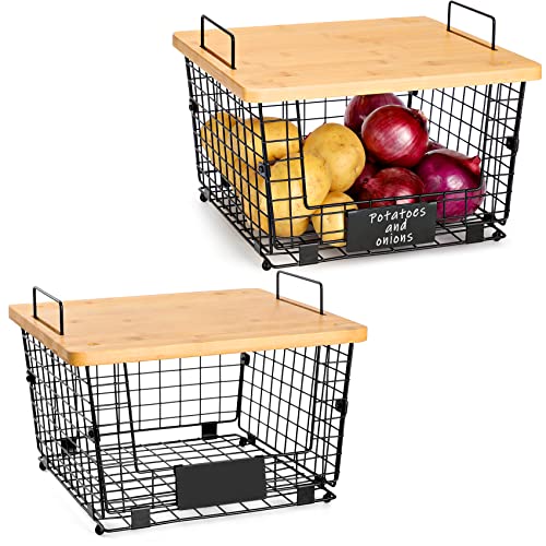 Stackable Kitchen Counter Basket with Bamboo Top