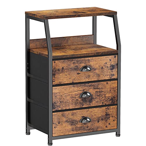 Rustic Industrial Nightstand with Drawers and Shelf