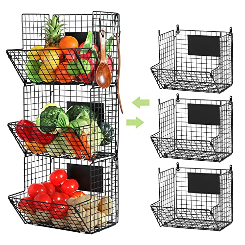3 Tier Wall Storage Basket Organizer with Hanging Hooks and Chalkboards