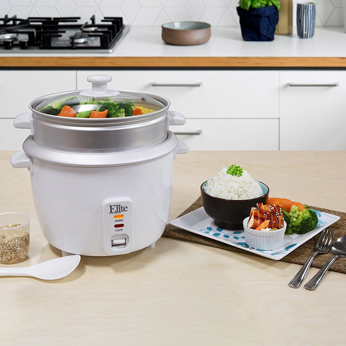 Elite Gourmet 6-Cup Nonstick Rice Cooker with Steam Tray
