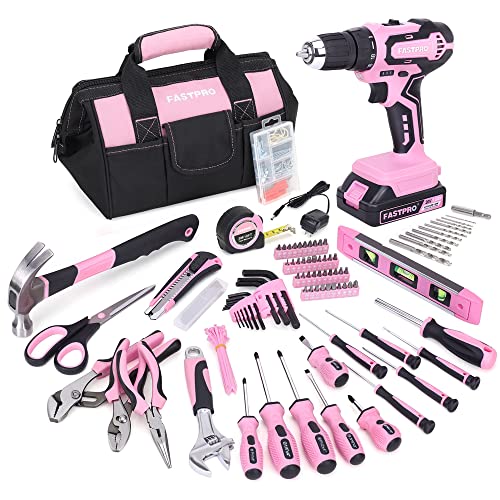 FASTPRO Pink Cordless Lithium-ion Drill Driver and Home Tool Set