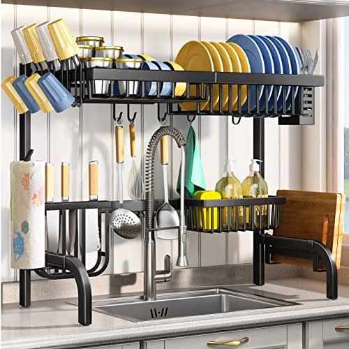 Adjustable 2 Tier Dish Drying Rack with Hooks, Black