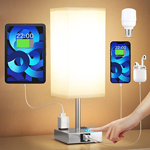 Smart Touch Bedside Lamp with USB Charging Ports & AC Outlets