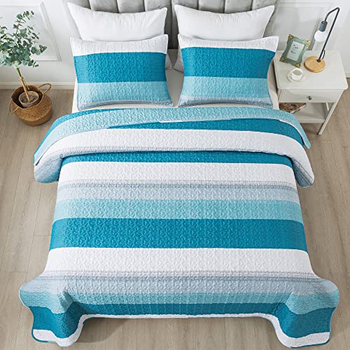 Andency Teal and White Striped Quilt King