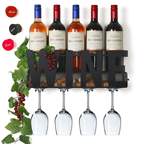SODUKU Wall Mounted Wine Rack with Glass Holder & Cork Storage