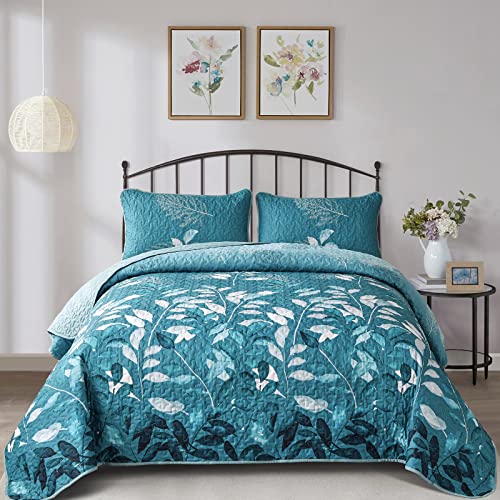 Teal Floral Botanical Leaves Bedspread Set