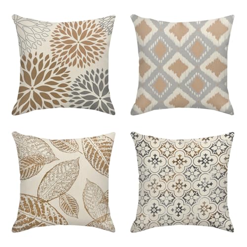 Sanwarm Throw Pillow Covers - Flower Brown Gray Geometric Vintage Retro Pillow Cases