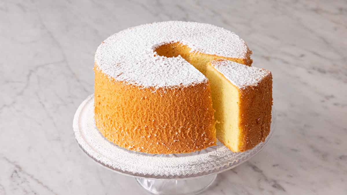 Tahini Chiffon Cake With Burnt Honey Cream and Poached Rhubarb Recipe |  Epicurious