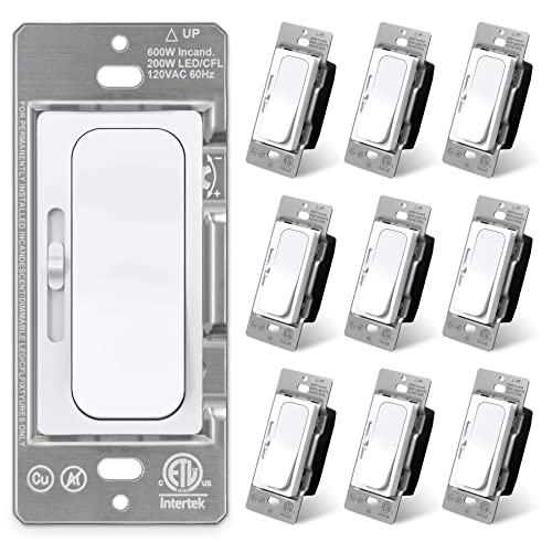 [10 Pack] BESTTEN Quiet Dimmer Light Switch, Slide Dimmer Switch with Wide Dimming & Compatibility Range, Single Pole or 3 Way, for Dimmable LED, CFL, Incandescent, Halogen, ETL Listed, Snow White
