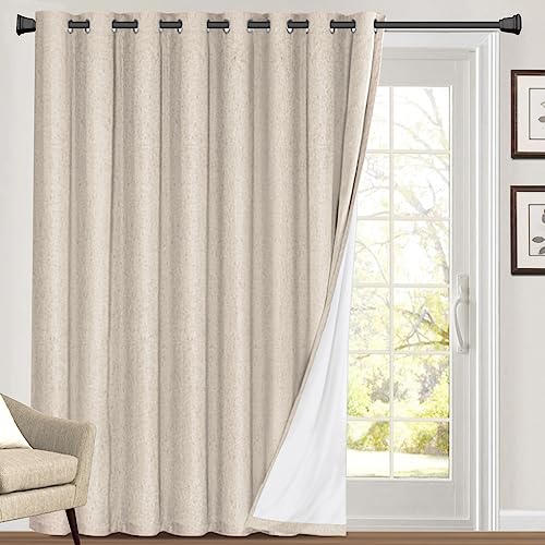 100% Blackout Linen Look Patio Door Curtain 84 Inches Long Extra Wide Thermal Insulated Grommet Curtain Drapes for Living Room/Sliding Glass Door, Primitive Winow Treatment Decoration, Natural