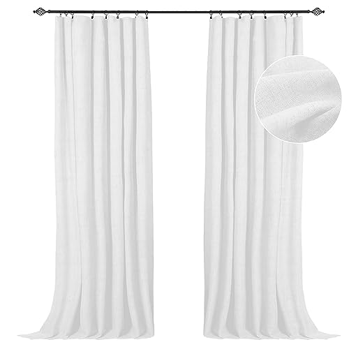 White Linen Faux Blackout Curtains, 84 Inch Long, 2 Panels Set