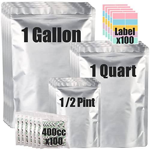 100pcs Mylar Bags for Food Storage with Oxygen Absorbers & Labels