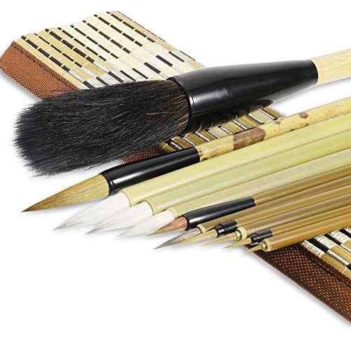 11 Pcs Chinese Calligraphy Brushes Set Japanese Style Sumi Painting Drawing Brushes Writing Brush Kanji Art Brush with Roll up Bamboo Brush Holder
