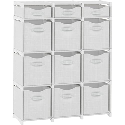 12 Cube Closet Organizers And Storage | Includes All Storage Cube Bins | Easy To Assemble Closet Storage Unit With Drawers | Room Organizer For Clothes, Baby Closet Bedroom, Playroom, Dorm (White-Grey)