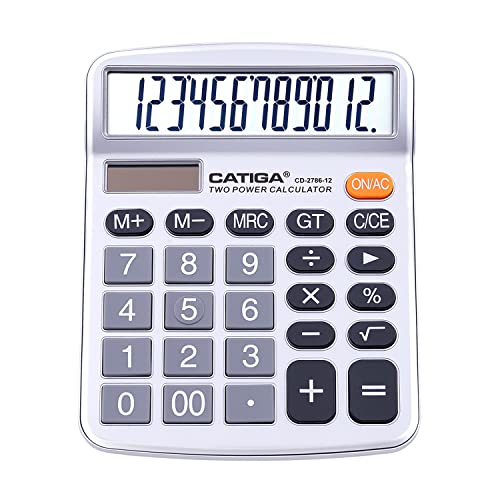 12 Digits Desktop Calculator with Large LCD Display and Sensitive Button, Dual Solar Power and Battery, Standard Function for Office, Home, School, CD-2786