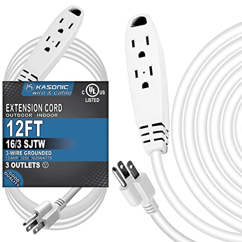 12-Feet 3 Outlet Extension Cord, Kasonic UL Listed, 16/3 SJTW 3-Wire Grounded, 13 Amp 125 V 1625 Watts, Multi-Outlet Indoor/Outdoor Use, White