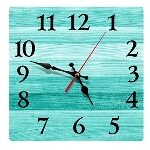12-Inch Teal Turquoise Green Wood Summer Square Silent Non Ticking Clock