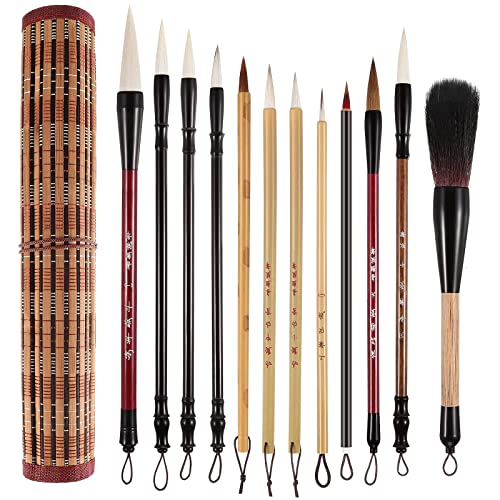 12-Piece Chinese Calligraphy Brushes Watercolor Set with Brush Holder
