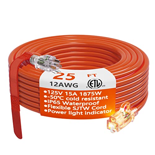 25 ft Waterproof Heavy Duty Outdoor Extension Cord with Lighted End