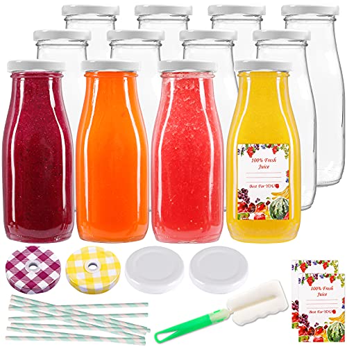 12oz Glass Juice Bottles with Caps and Straws