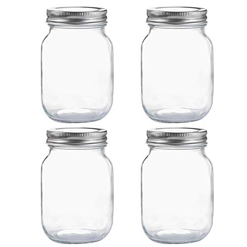 16 oz Clear Glass Mason Jars with Silver Metal Lids (4PACK)