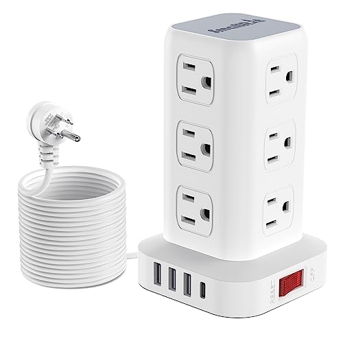 16.5FT Long Extension Cord,Power Strip Tower Surge Protector Power Strip with USB 12 Outlets with 4 USB Ports (1 USB C), Flat Plug Multi Plug Outlet Extender Overload Protection for Home Office