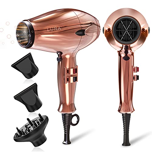 LURA Ionic Hair Dryer with Attachments, 2 Speed 3 Heat, Rose Gold