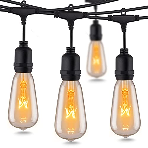 18Ft Outdoor Weatherproof String Lights with 12 Hanging Sockets & 7Watt ST40 Clear Bulbs, UL Listed E17 Base Vintage Edison Light String for Patio, Porches, Bistro, Backyard, Black Wire
