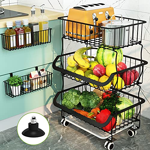 1Easylife 3 Tier Stackable Metal Wire Basket Cart with Rolling Wheels