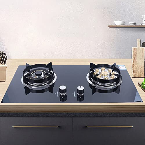 Drop-in Gas Stovetop, Tempered Glass 2 Burners Gas Cooktop, Gas Countertop  for Home Kitchen Rvs Apartments Outdoor, Easy to Clean, Black