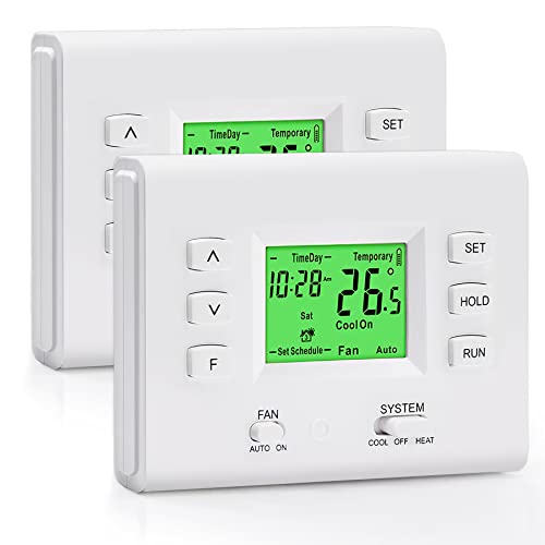 2 Pack - CML 5-2 Day Digital Home Programmable Thermostat with Large Buttons and Single Stage for Heat/Cool, HVAC Furnace, Heat Pump, Air Conditioning, Line Voltage or Battery, White