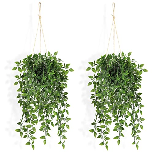 2 Pack Faux Hanging Plants with Black Plastic Planter