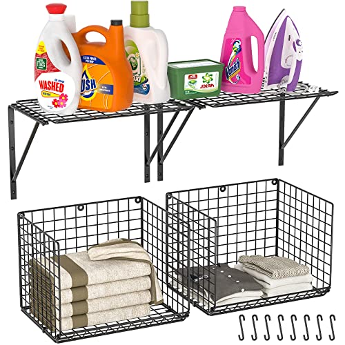Laundry Storage Shelves with Baskets and Hooks for Organization