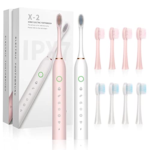 2 Pack Sonic Electric Toothbrush - Rechargeable with 8 Brush Heads, 6 Modes, Smart Timer