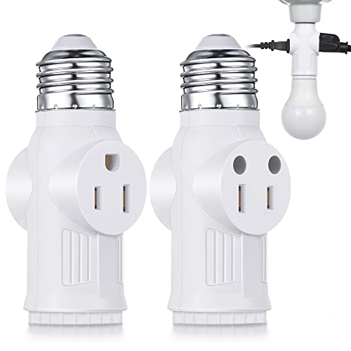 2 Packs E26/E27 3 Prong Light Socket to Plug Adapter, Polarized Light Socket Outlet for 2/3Prong Convert, Screw in Outlet Plug Splitter for Garage, Porch, PBT
