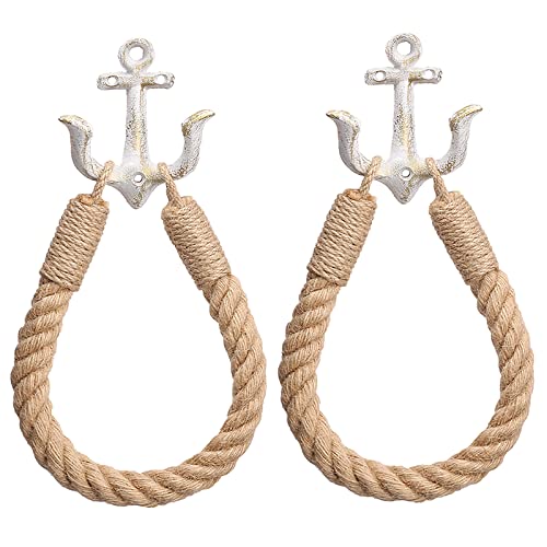 2 Pcs Nautical Toilet Paper Holder Rustic-Industrial Wall-Mounted Nautical Toilet Paper Towel Ring with Metal Hook for Bathroom Decor(White+White)