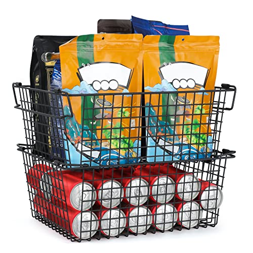 2 PK Stackable Baskets Kitchen Counter Organizer with Handles Freezer Wire Organizing Bins for Pantry Shelf, Cabinet, Countertop-Black