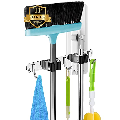 2 Racks and 3 Hooks Broom and Mop Holder Wall Mounted Garage Organizer Storage Tool Racks Stainless Steel Heavy Duty Hooks Self Adhesive Solid Non-slip Wall Hangers for Home Kitchen Garden Laundry