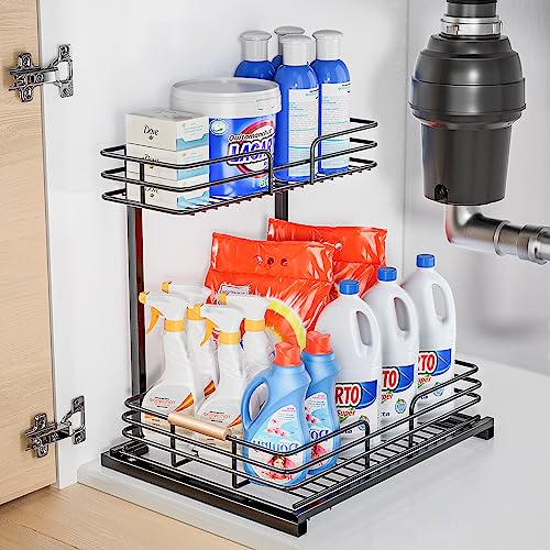 Zyerch 2 Pack Under Sink Organizer,Metal Pull Out Kitchen Cabinet Organizer  with Sliding Drawer,Sturdy Multi-Functional for Bathroom