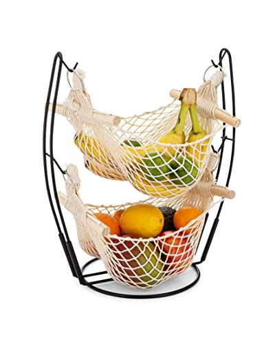 2 Tier Fruit Hammock Macrame Hanging Baskets with Metal Stand