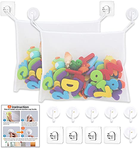 Large Bath Toy Storage Organizer with Hooks and Suction Cups