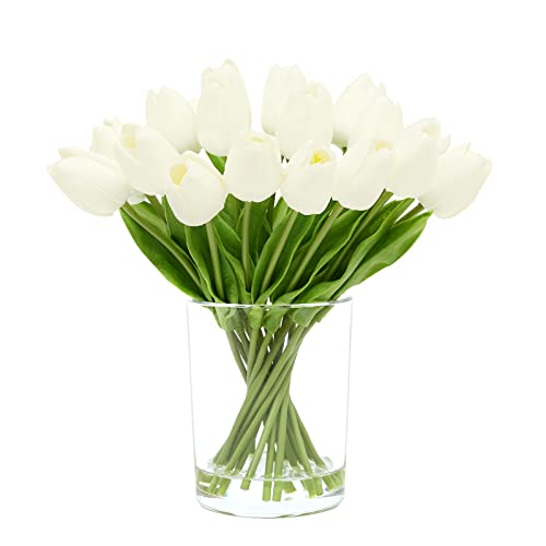 20 Pcs White Tulips Faux Flowers in Vase