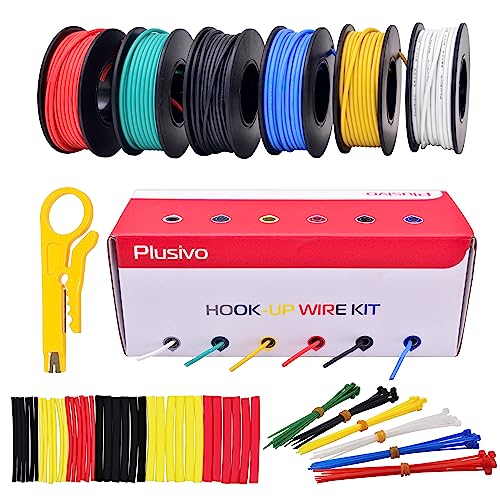 22AWG Silicone Hook Up Wire - 22 Gauge (OD:0.74mm) Stranded Tinned Copper Wire with Silicone Insulation, 6 Colors (Black, Red, Yellow, Green, Blue, White) 23ft / 7m Each, Hook Up Wire Kit from Plusivo