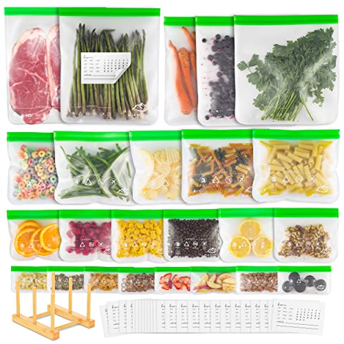 24 Pack Reusable Food Storage Bags with Drying Rack & Freezer Labels