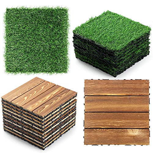 24 Pcs Hardwood Interlocking Patio Deck Tile and Artificial Grass Tile