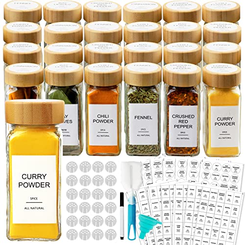 SpaceAid 24 Pcs Glass Spice Jars with Labels and Bamboo Lids, Empty 4oz Seasoning Containers for Spice Rack, Cabinet and Drawer