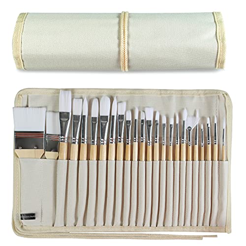 24-Piece Wooden Handle Paint Brushes Set with Canvas Brush Case