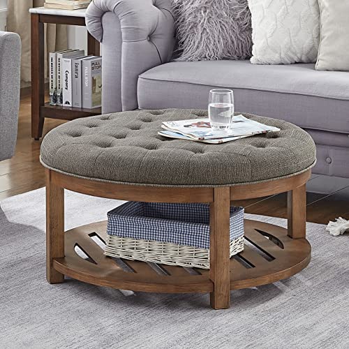 24KF Round Upholstered Tufted Linen Ottoman Coffee Table