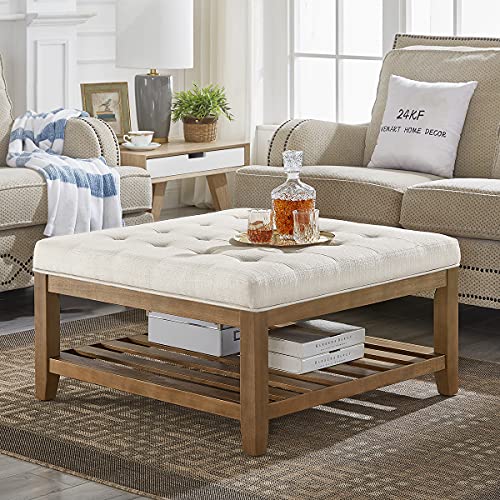 24KF Square Upholstered Linen Ottoman Coffee Table