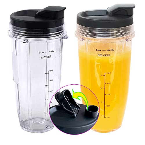 Blender Replacement Parts for Ninja, 2 24oz Cups with To-Go Lids, 7 Fins Extractor Blade, for Auto IQ, Clear